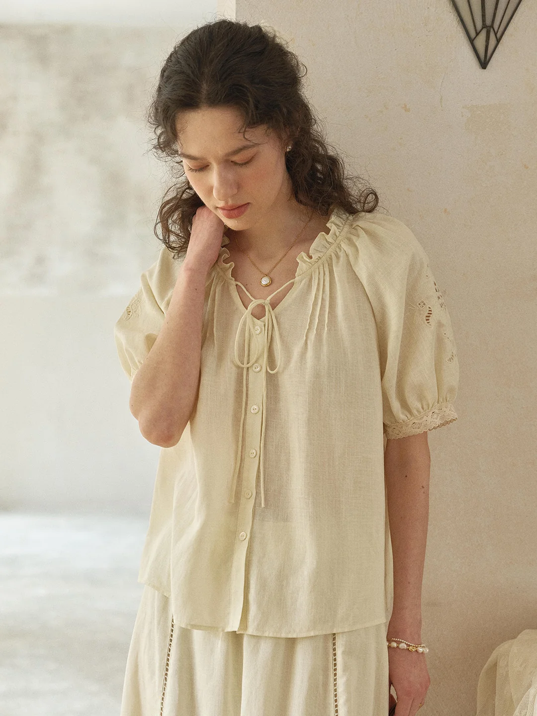 Fatima Ruffle Collar Puff Sleeve Linen Blouse
