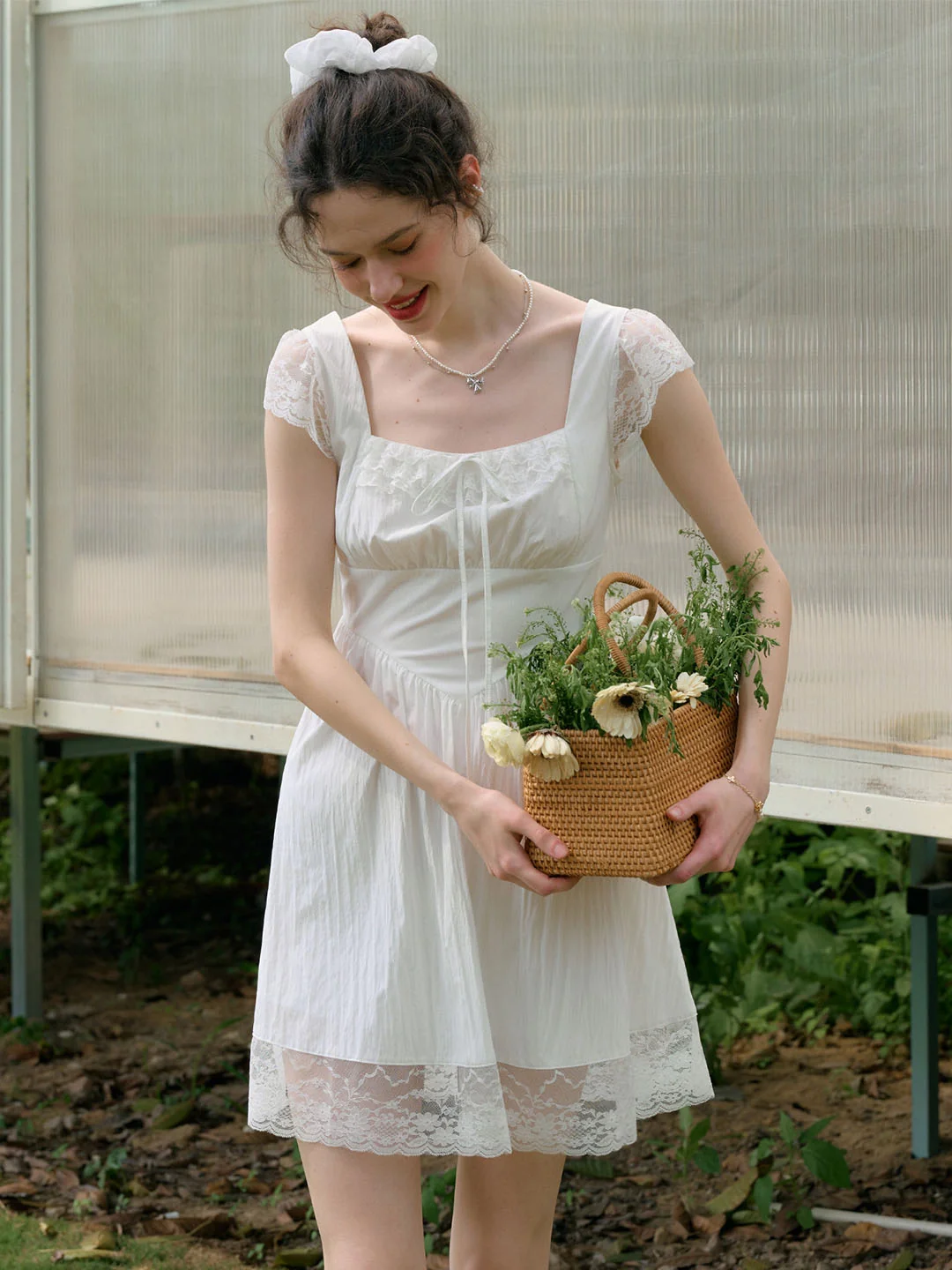 【Final Sale】Emmy Sweet Bow Square Neck Lace Splicing Dress