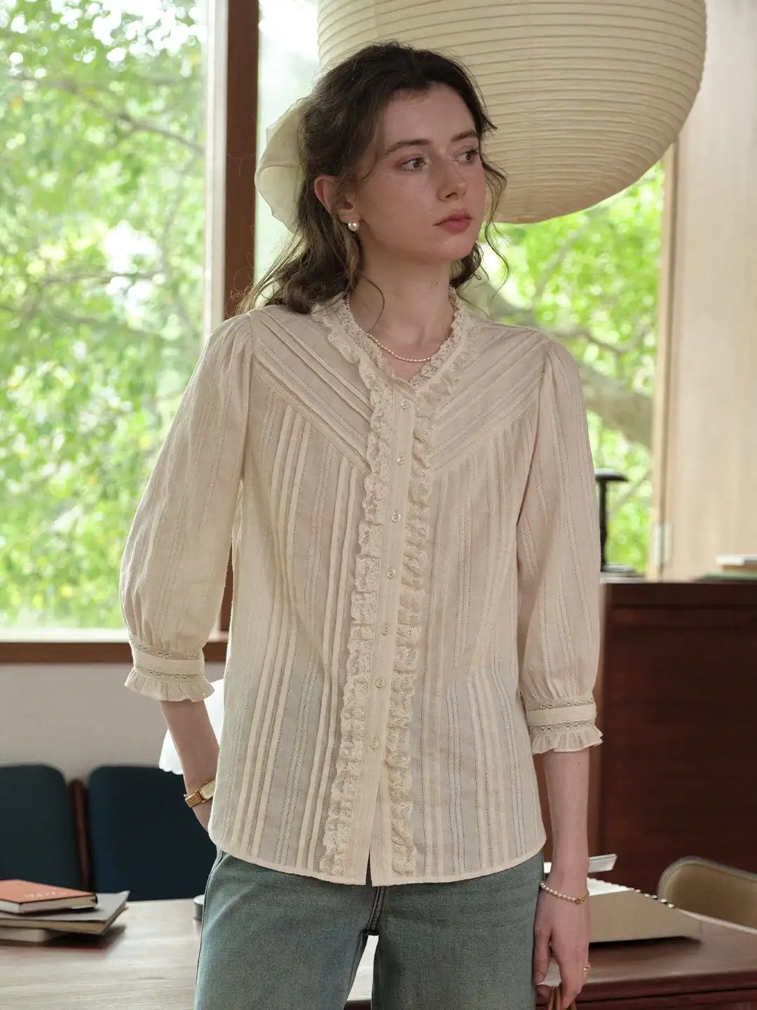 Emiliana Lace Neck 100%Cotton Blouse
