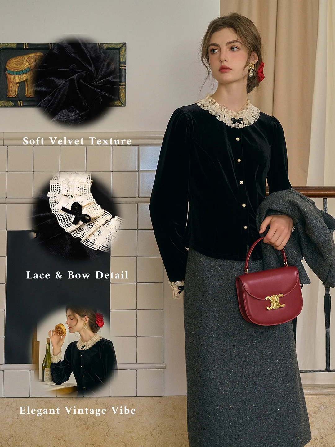 Azaria Round Collar Contrasting Lace Panel Bow Velvet Top