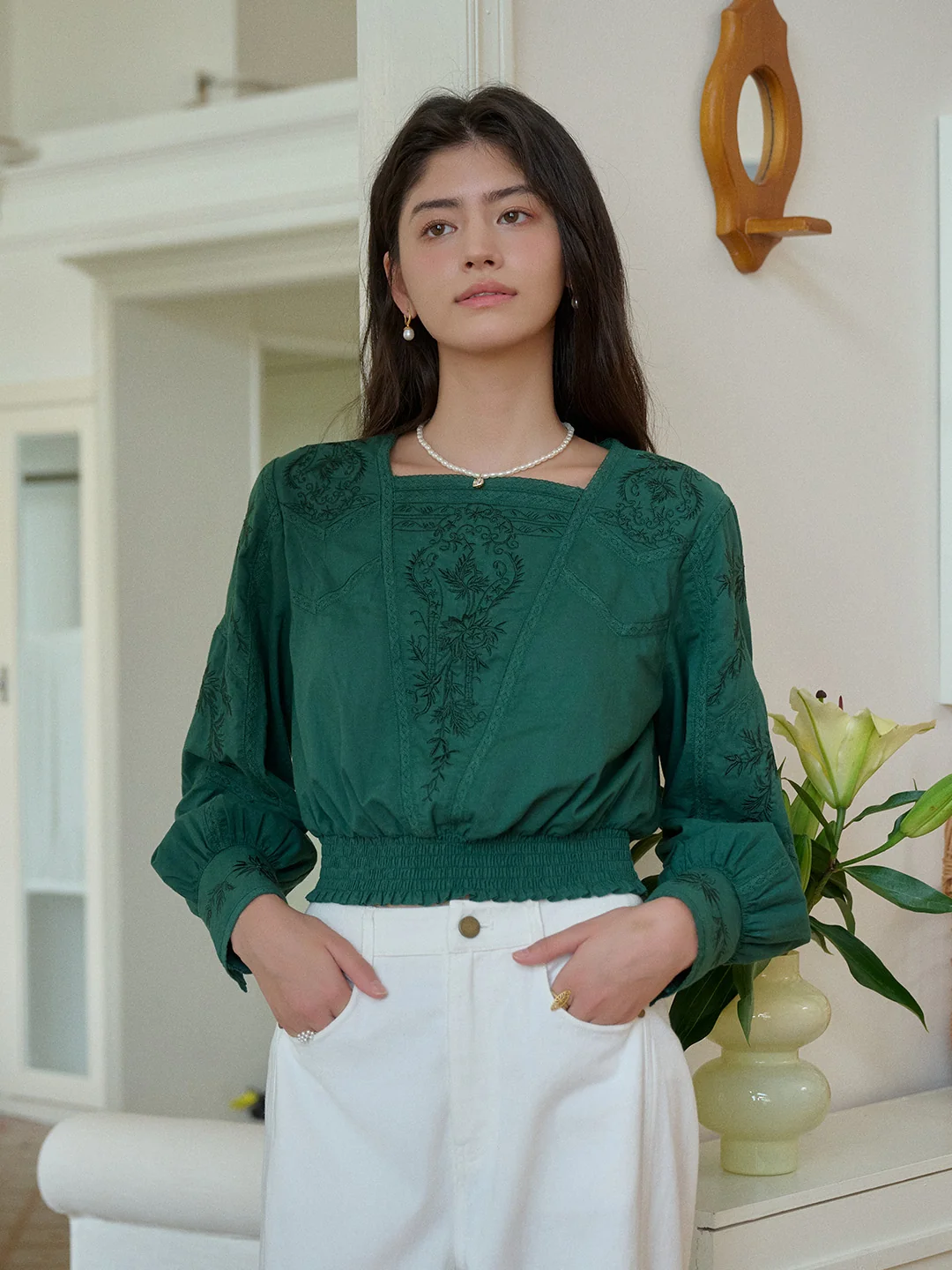 【Final Sale】Oakley Square Neck Embroidery 100% Cotton Blouse