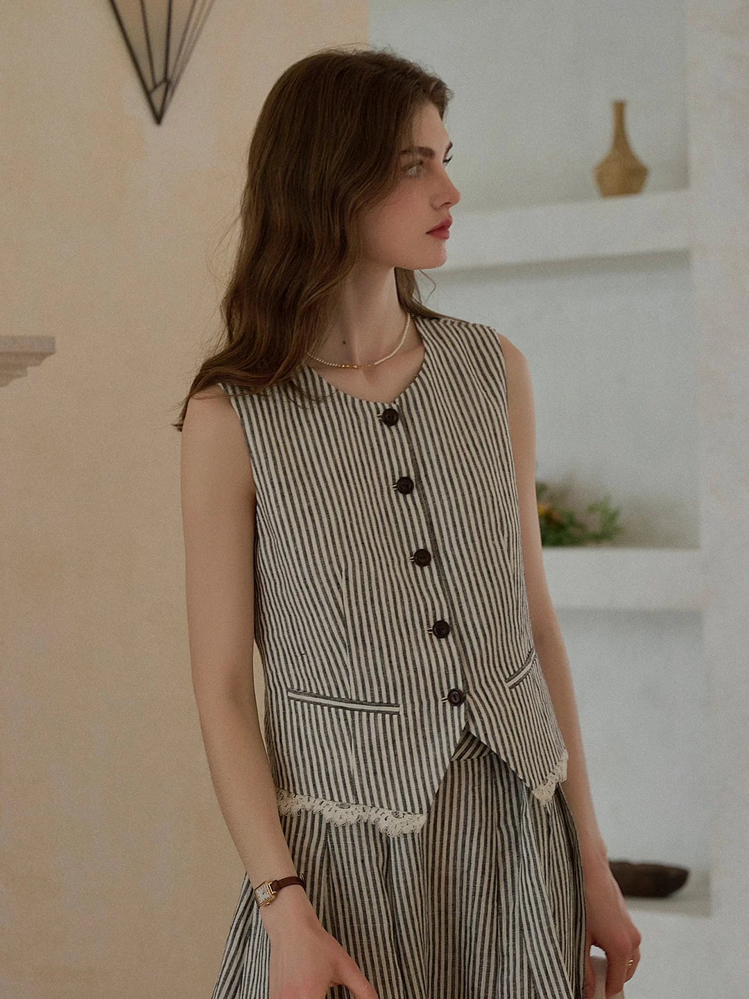 Sofia Round Neck Stripe 100% Linen Vest