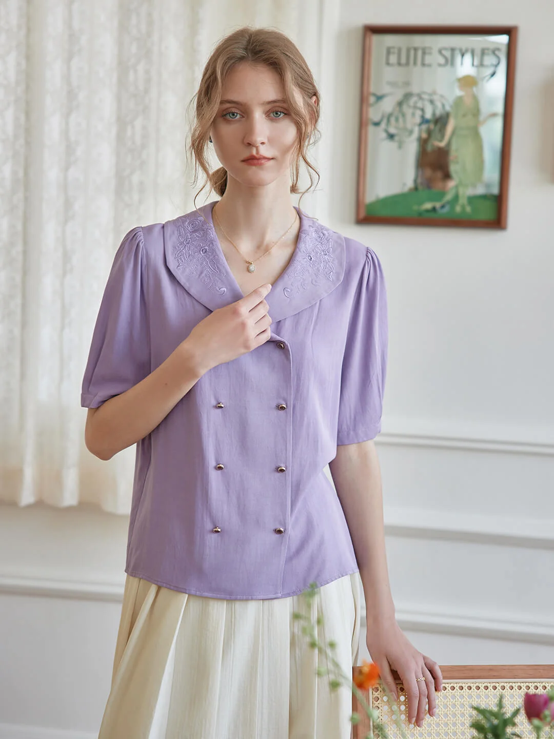 Andrea Flora Embroidered Collar Purple Blouse