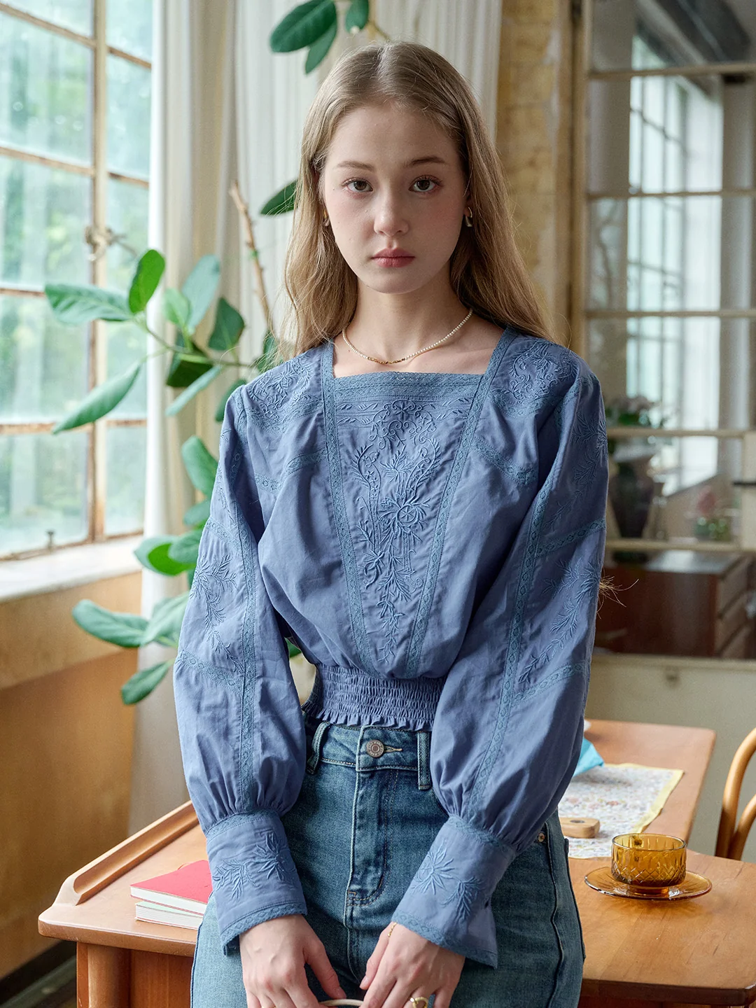 Oakley Square Neck Embroidery 100% Cotton Blouse