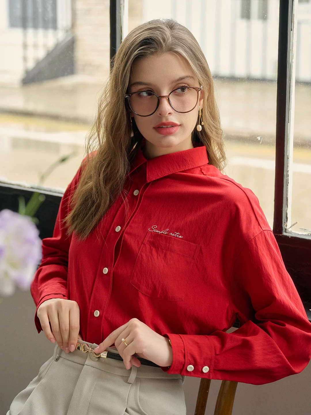Estrella Classic Lapel Contrast SR Logo Embroidered Pocket Shirt - Red