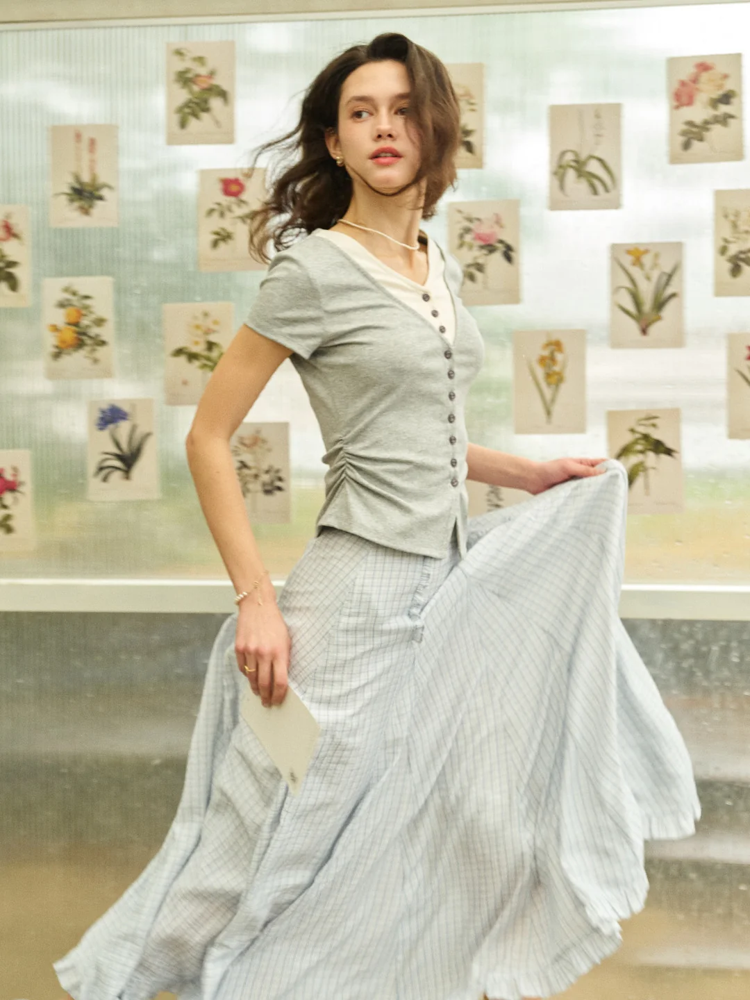 Aylani Ruffle Plaid Pleated Maxi Skirt