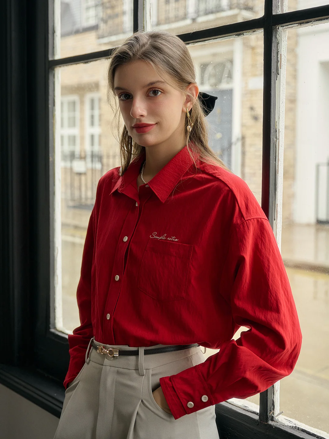 Estrella Classic Lapel Contrast SR Logo Embroidered Pocket Shirt - Red