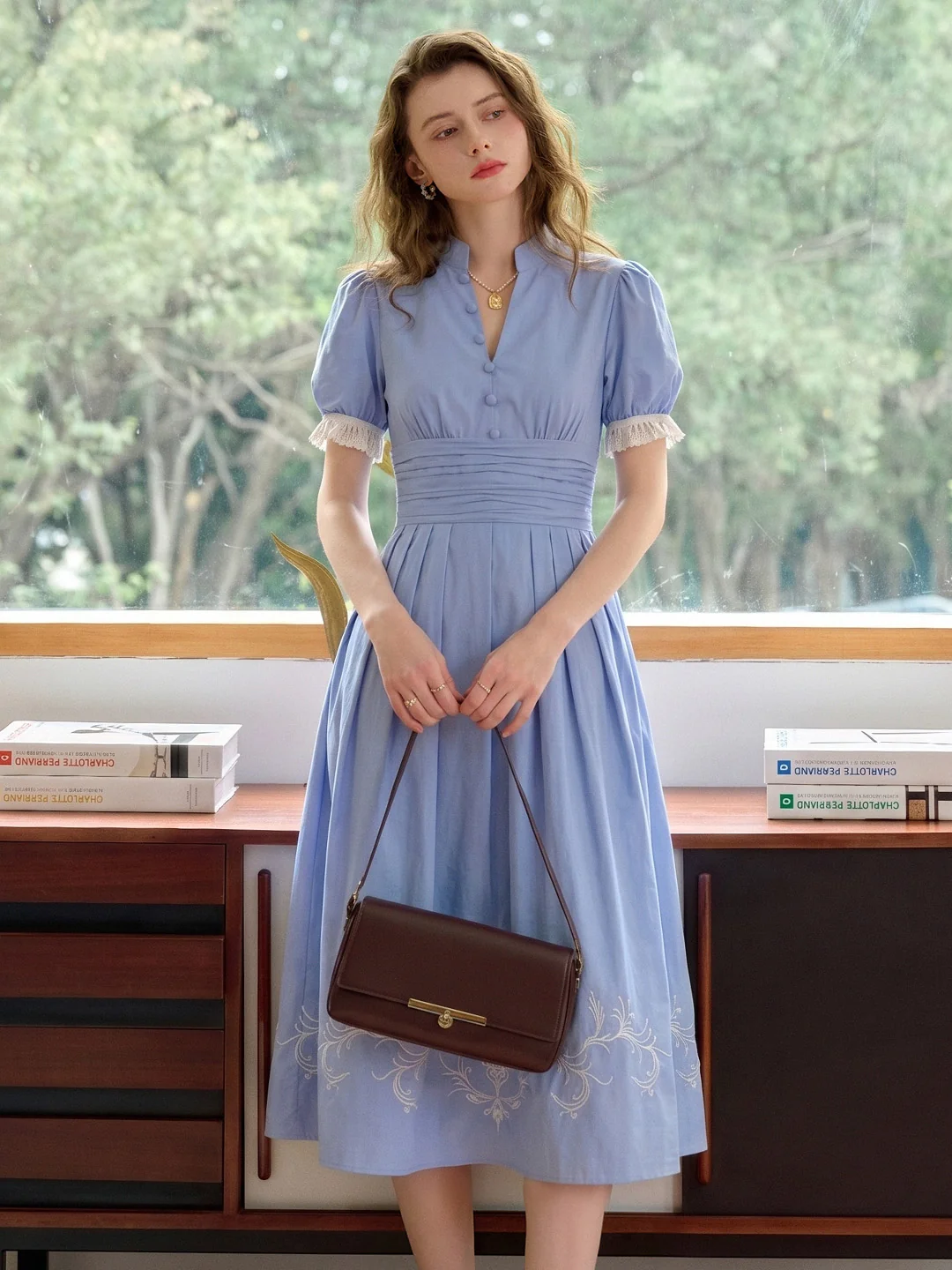 Ocean V-Neck Puff Sleeves 100% Cotton Dress