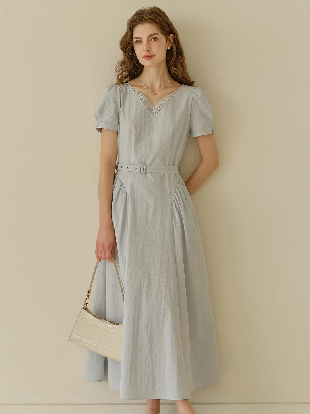 Juno V-Neck Lace Belted Waist Cotton Dress