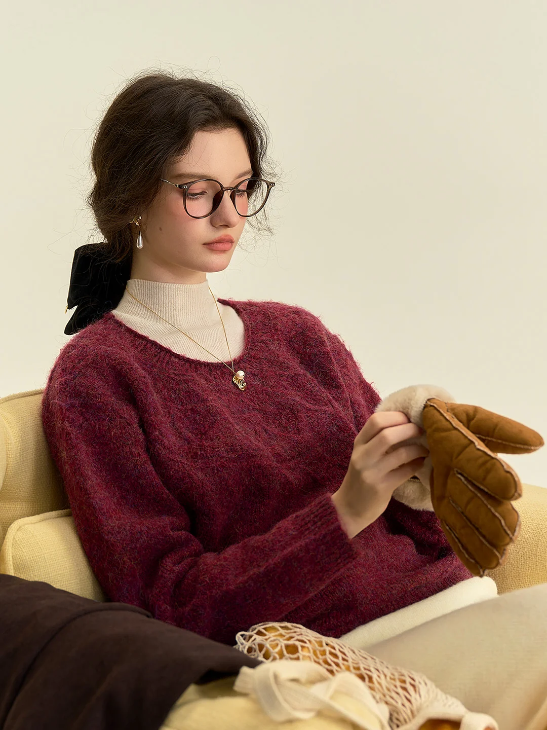 Aspyn Classic Round Neck Knitted Wool Sweater - Dark Red