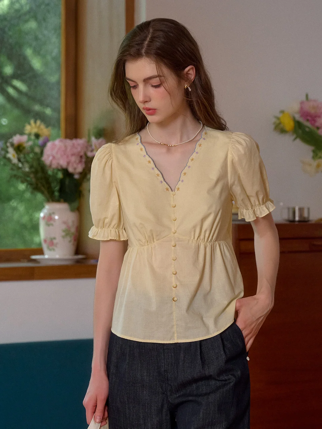 Margaret V-Neck Waist 100% Cotton Blouse