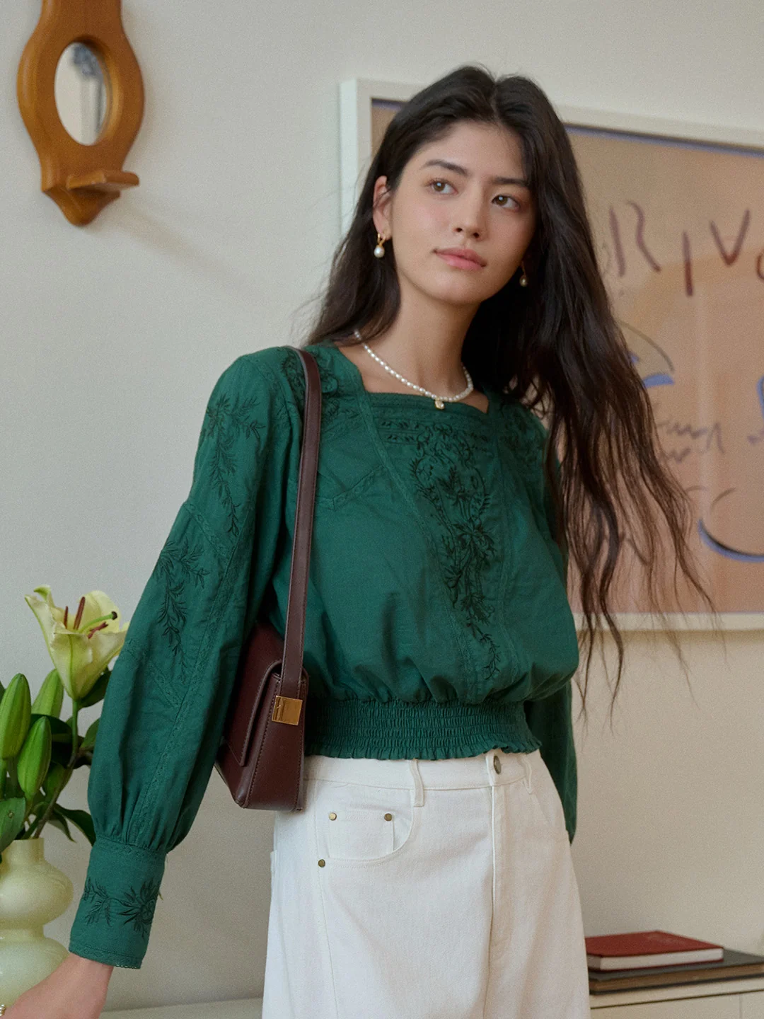 【Final Sale】Oakley Square Neck Embroidery 100% Cotton Blouse