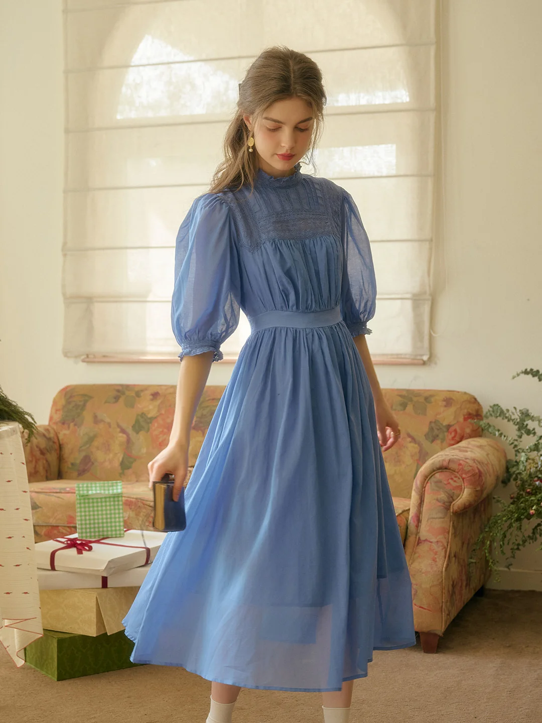 Averie Lace Panel Blue Cotton Dress