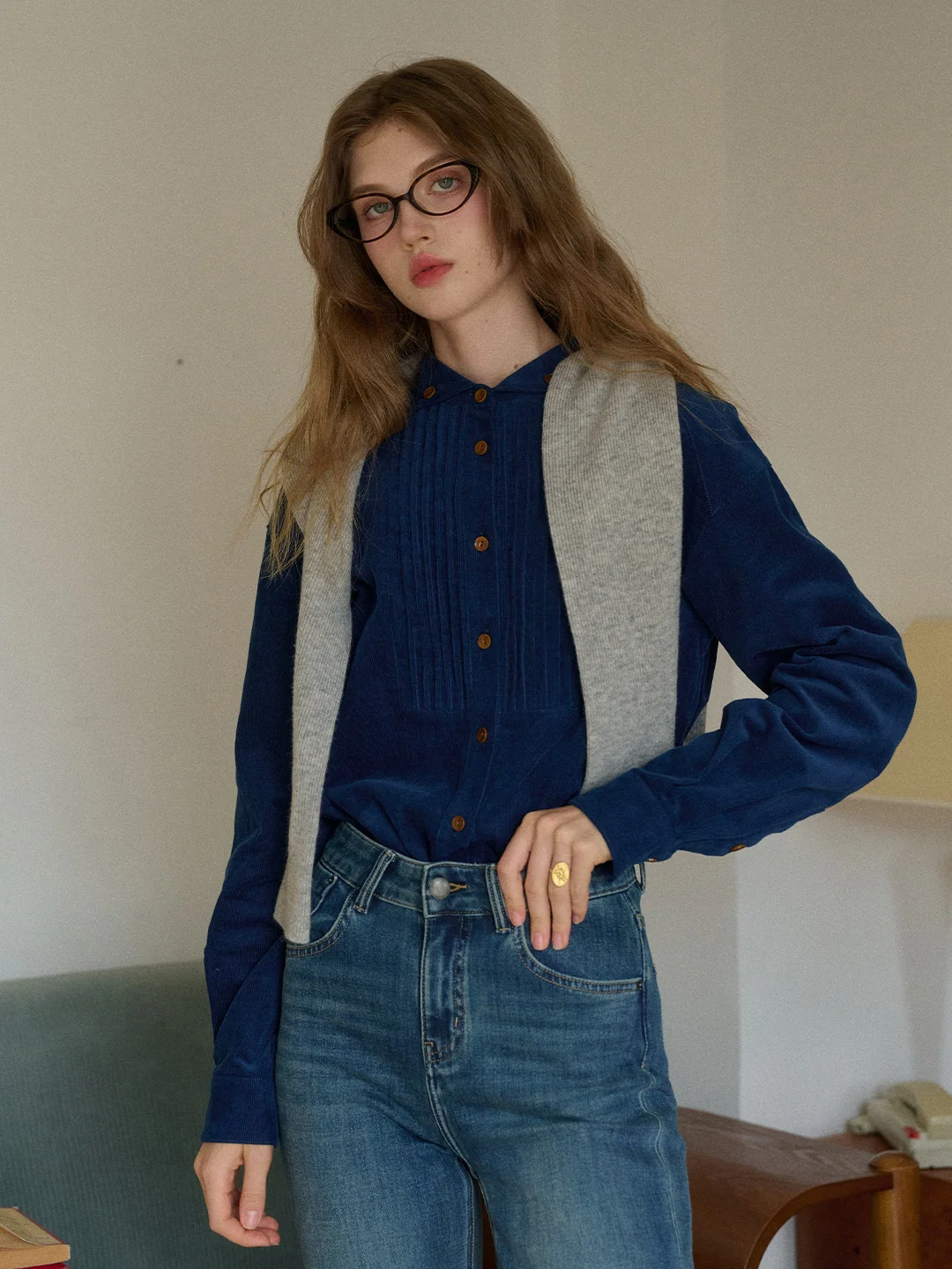 Ailani Stand Collar 100% Cotton Corduroy Shirt