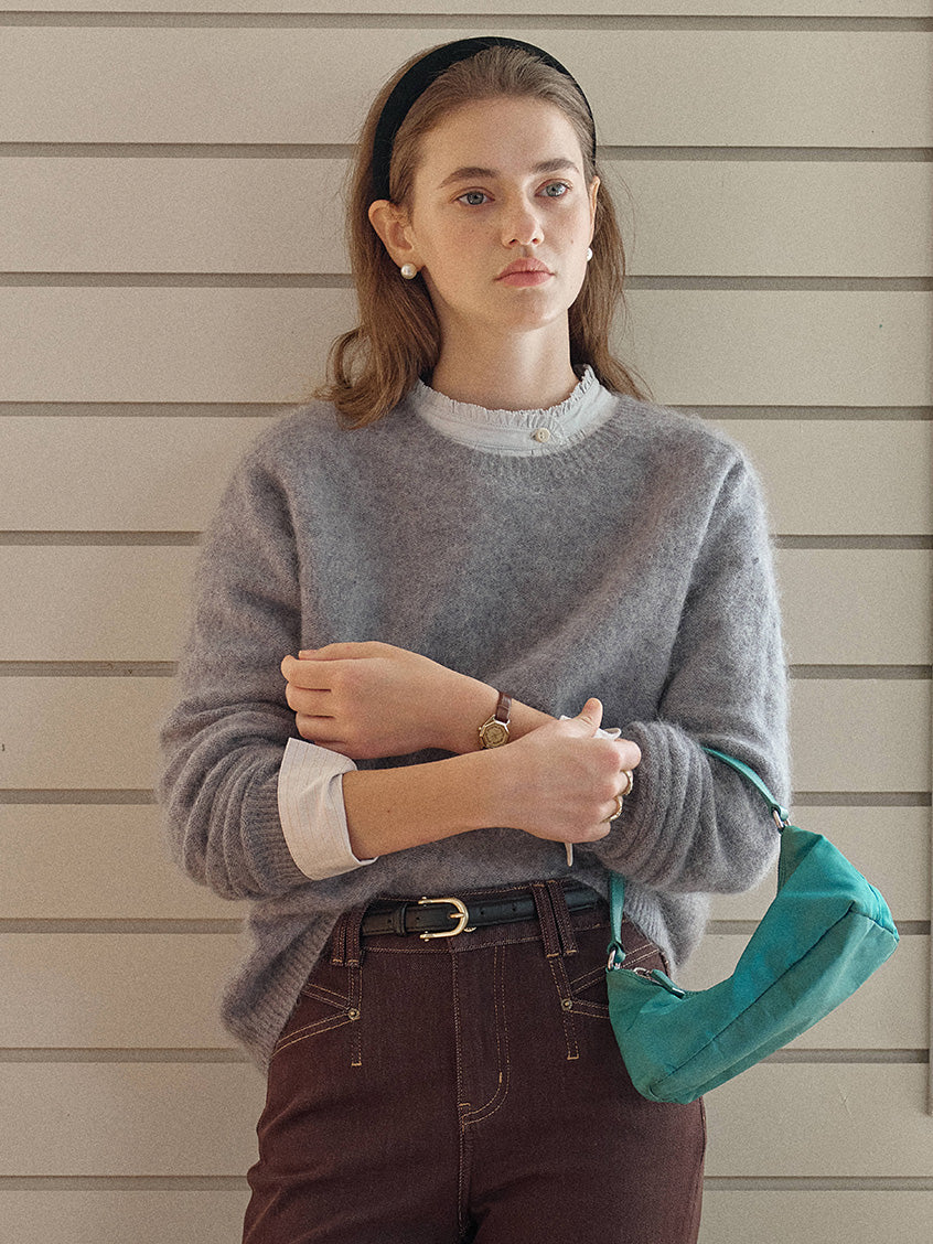 Tru Cloud-Soft Wool Round Neck Sweater Flowers Grey