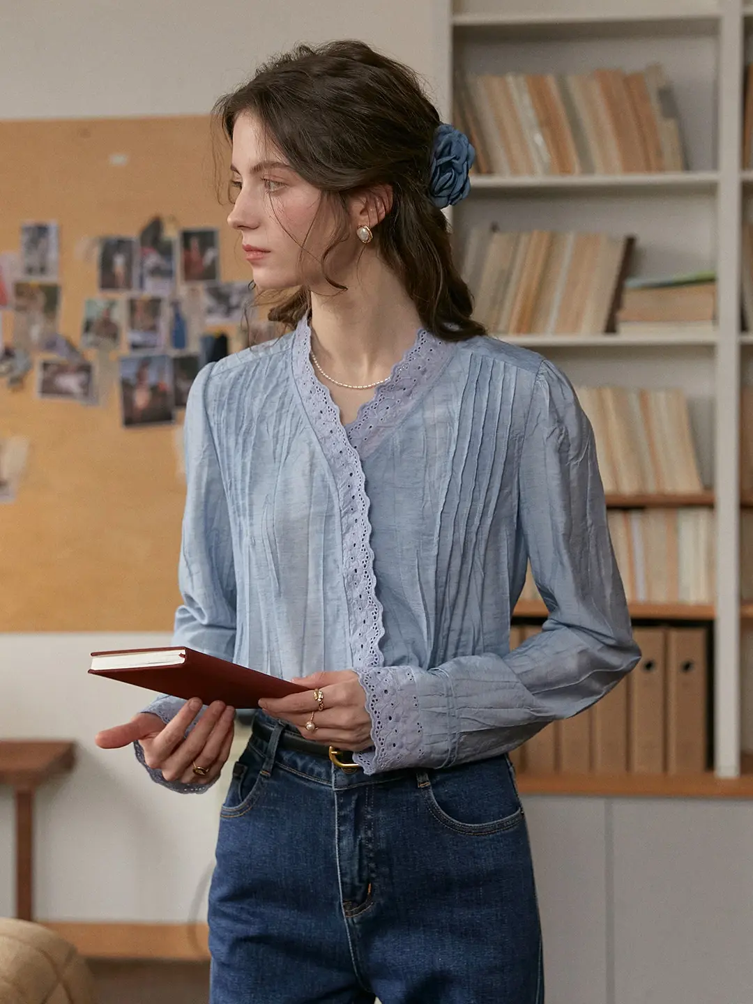 Allyson V-Neck Lace Cotton Blouse