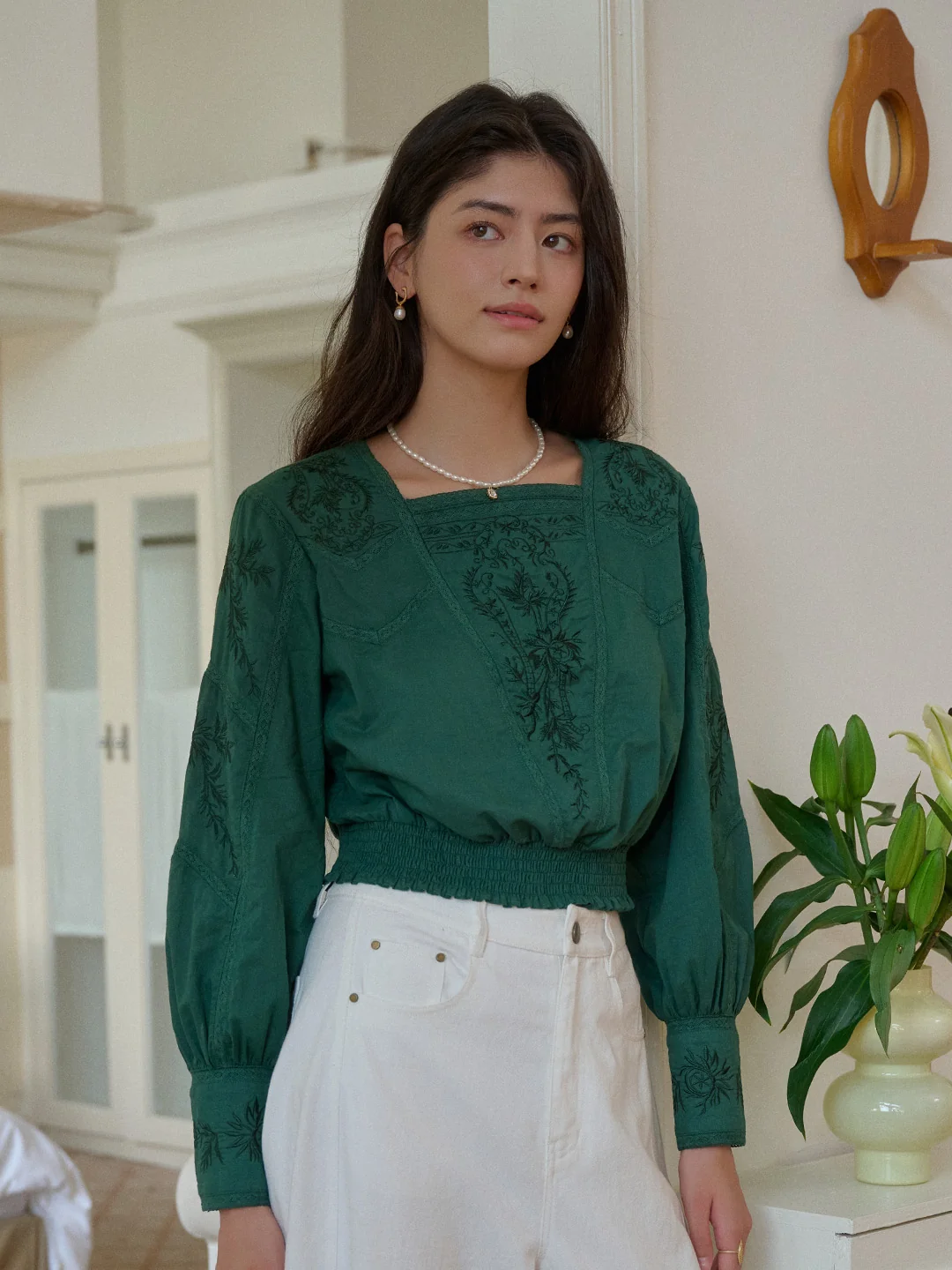 【Final Sale】Oakley Square Neck Embroidery 100% Cotton Blouse