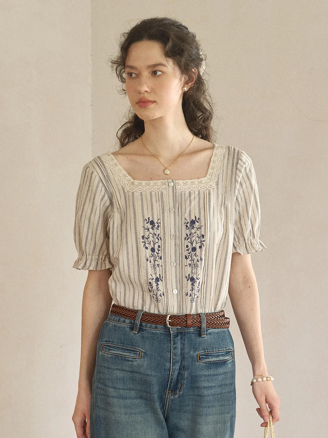 Jemma Square Neck Embroidered 100% Cotton Blouse