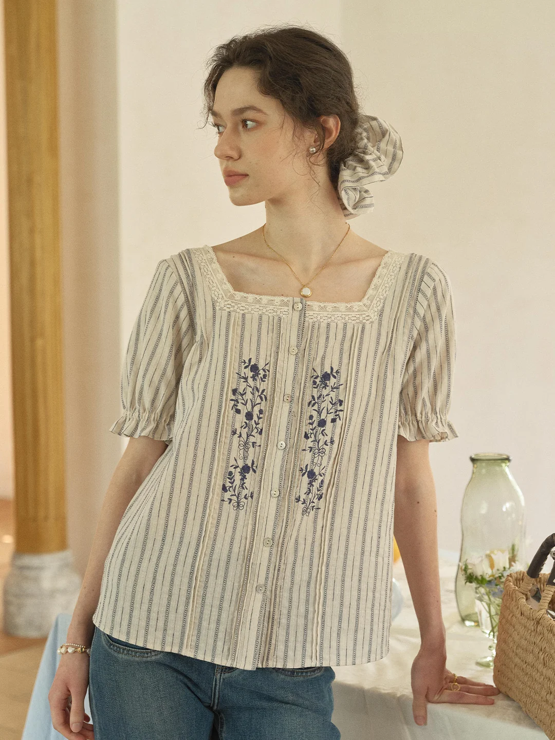 Jemma Square Neck Embroidered 100% Cotton Blouse