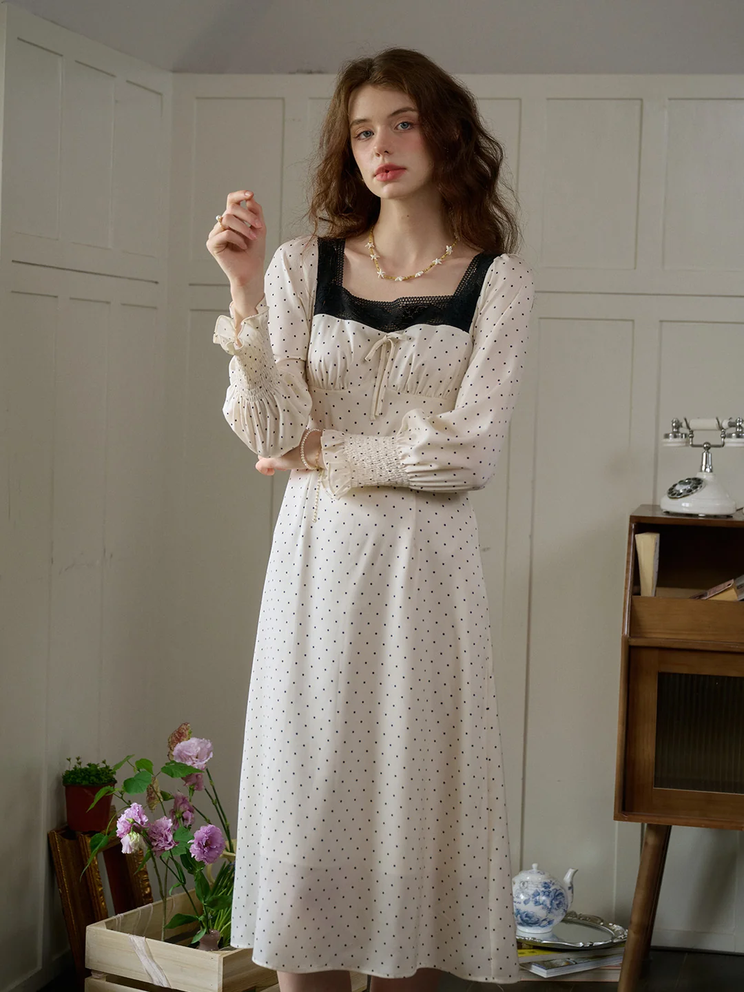 【Final Sale】Mazie Square Collar Polka Dots Contrasting Lace-up Dress