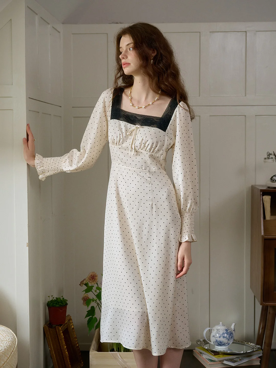 【Final Sale】Mazie Square Collar Polka Dots Contrasting Lace-up Dress