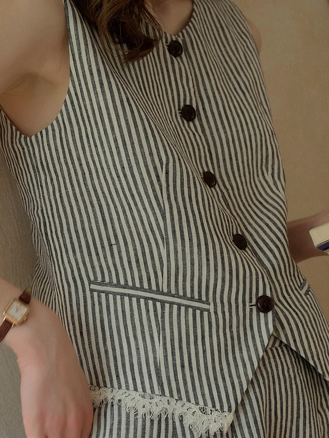 Sofia Round Neck Stripe 100% Linen Vest