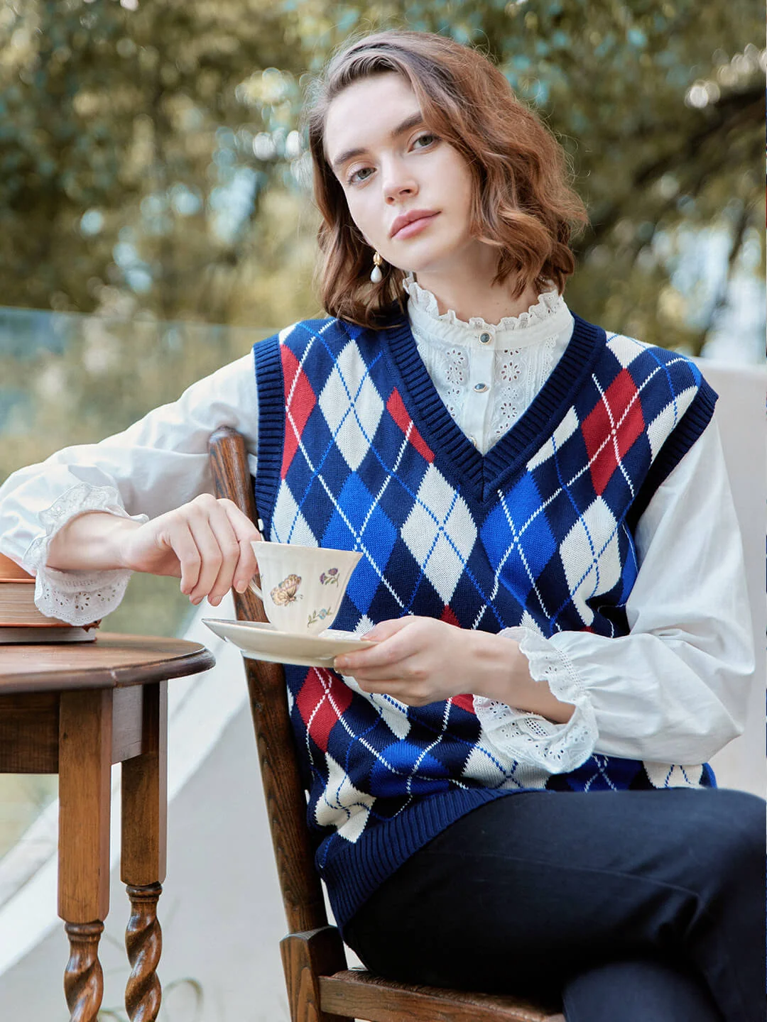 【Final Sale】Jolene Argyle Patterned Dark Blue Knit Vest Sweater
