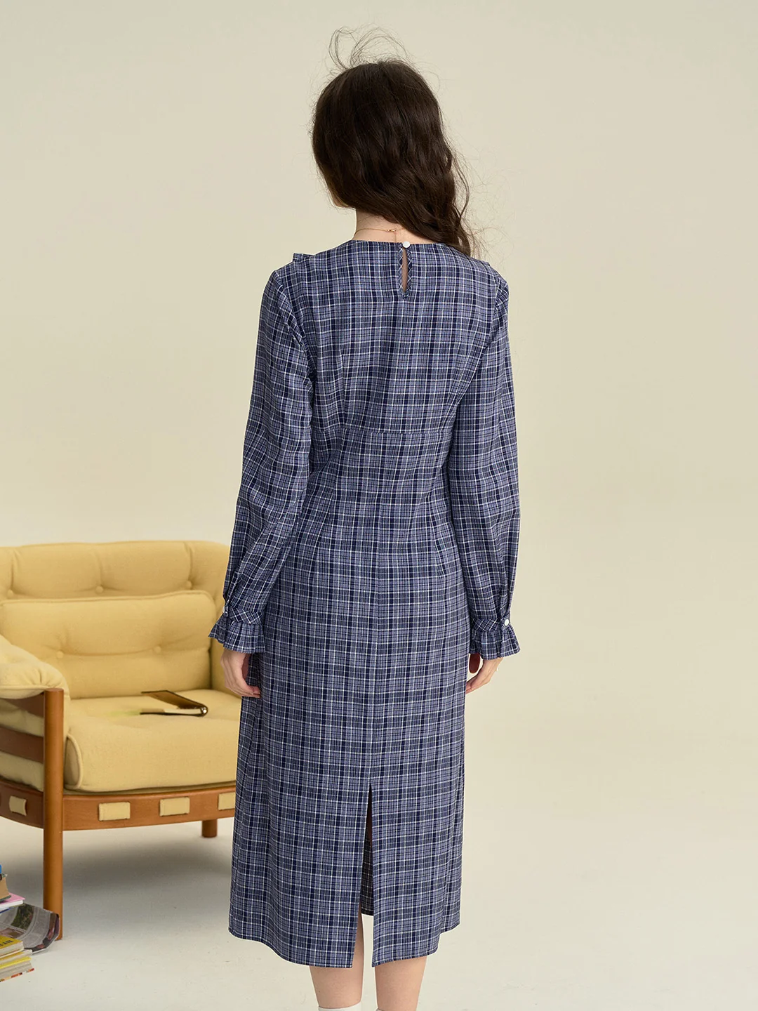 【Final Sale】Whitney Round Neck Tie Bow Collision Blue Check Dress