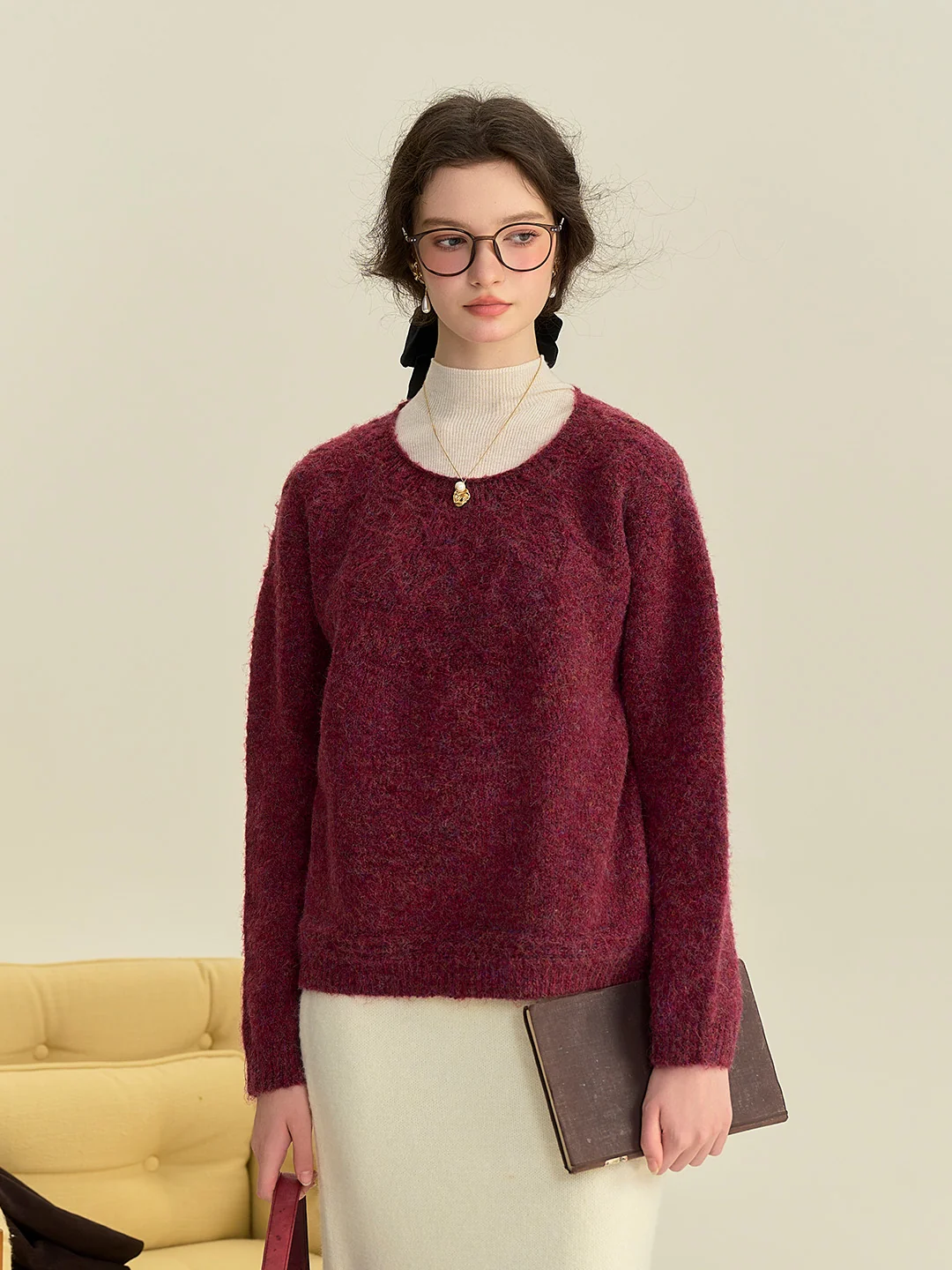 Aspyn Classic Round Neck Knitted Wool Sweater - Dark Red