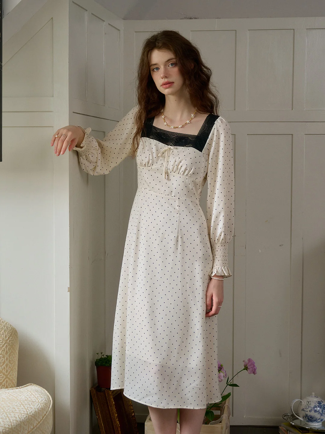 【Final Sale】Mazie Square Collar Polka Dots Contrasting Lace-up Dress