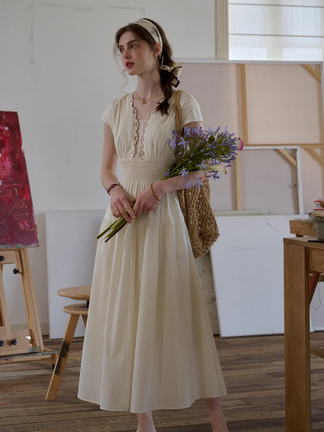 Adalyn Wavy Neck Embroidery 100% Cotton Dress