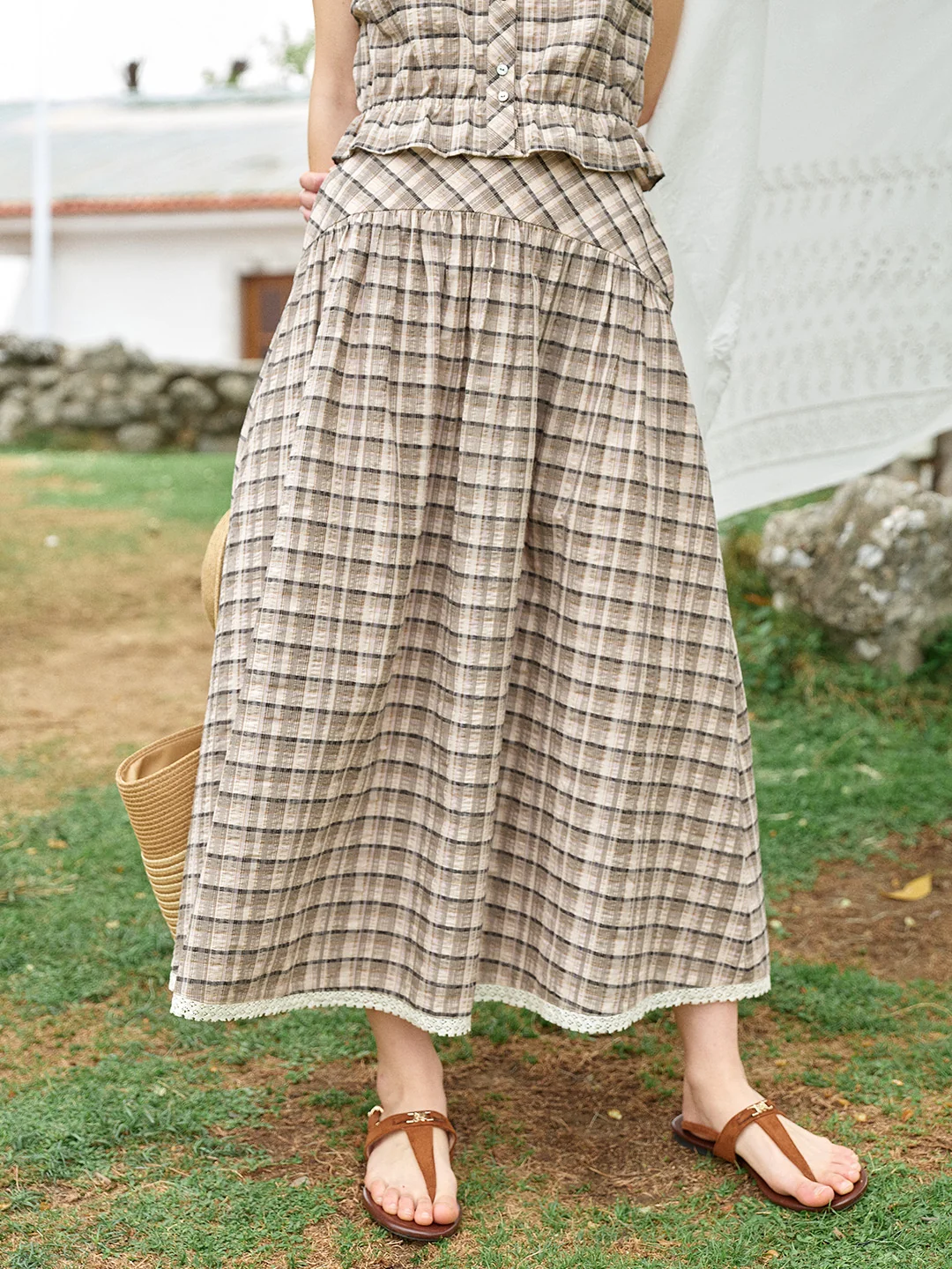 Alaiya Lace Trim Plaid 100% Cotton Skirt