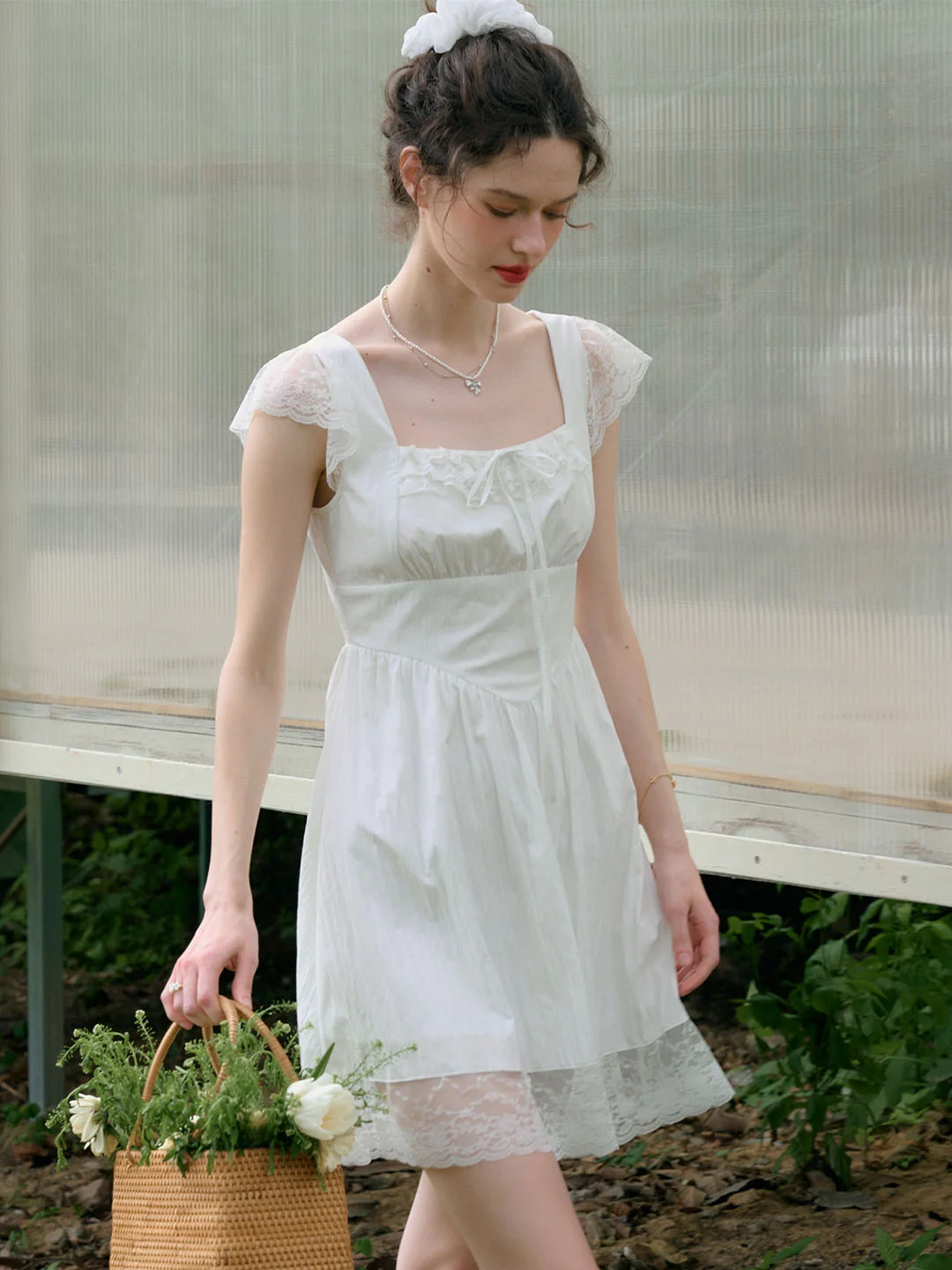 【Final Sale】Emmy Sweet Bow Square Neck Lace Splicing Dress