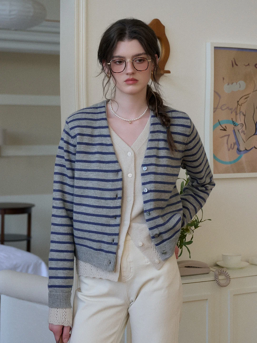 Frankie V-Neck Stripe Wool Cardigan