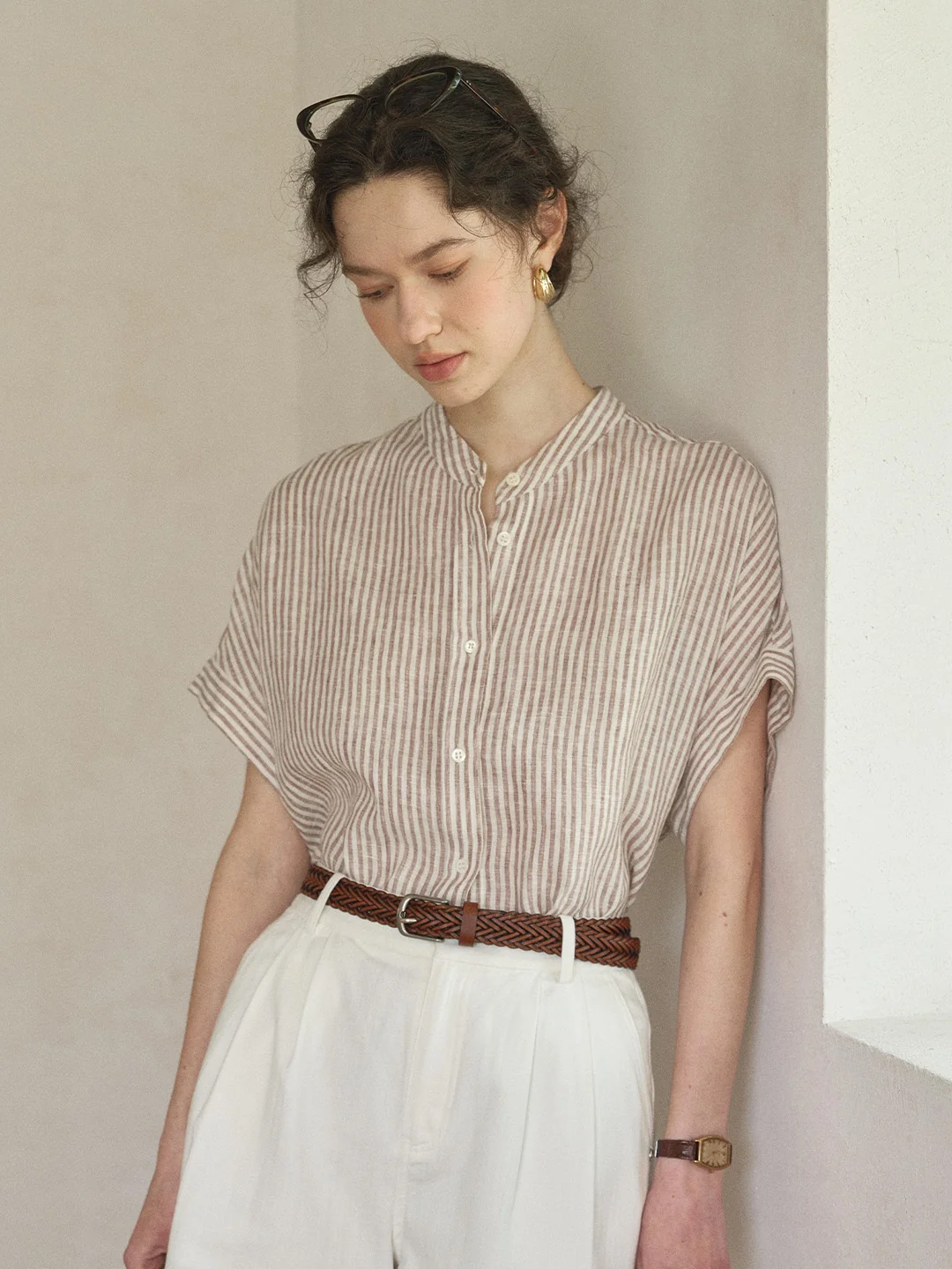 Fleur Stand Collar Stripe 100% Linen Blouse