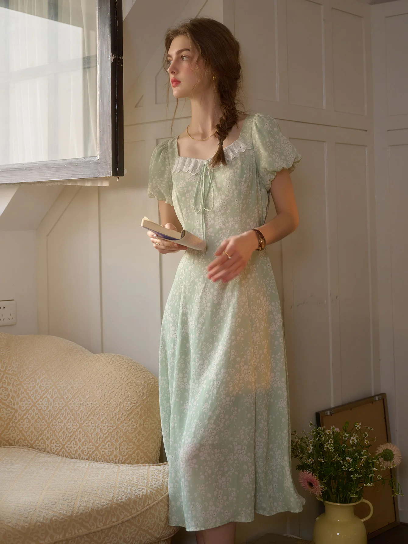 Emma Square Neck Lace Puff Sleeves Dress