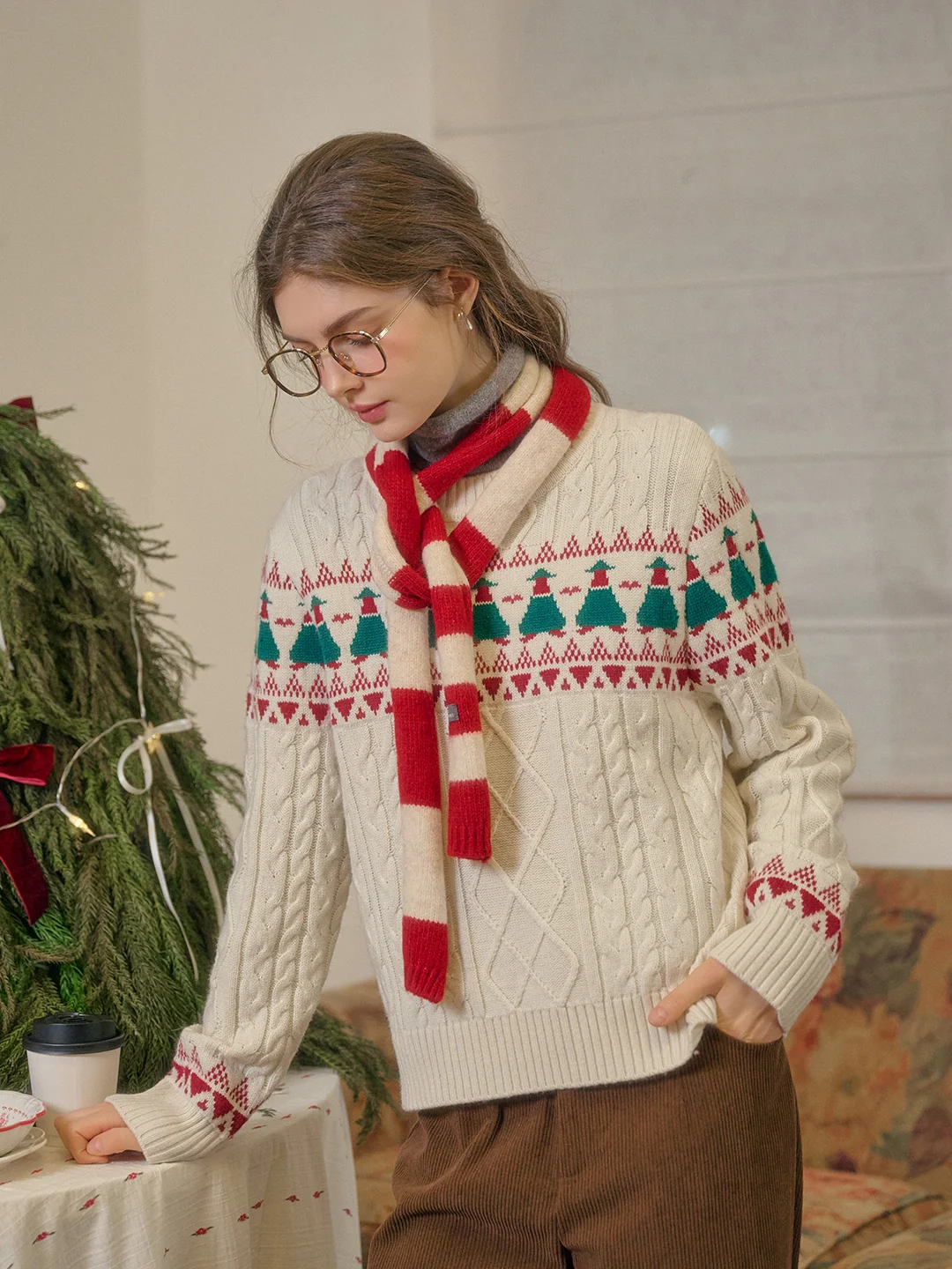 【Final Sale】Charlize Fair Isle Ribbed Round Neck Christmas Wool Sweater