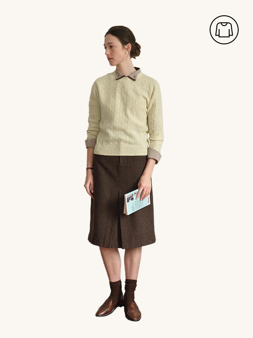 2Pcs Set Shay Cable-Knit Lightweight Wool-Cashmere Sweater& Zeta Pocket Button Front-Slit A-Line Midi Skirt