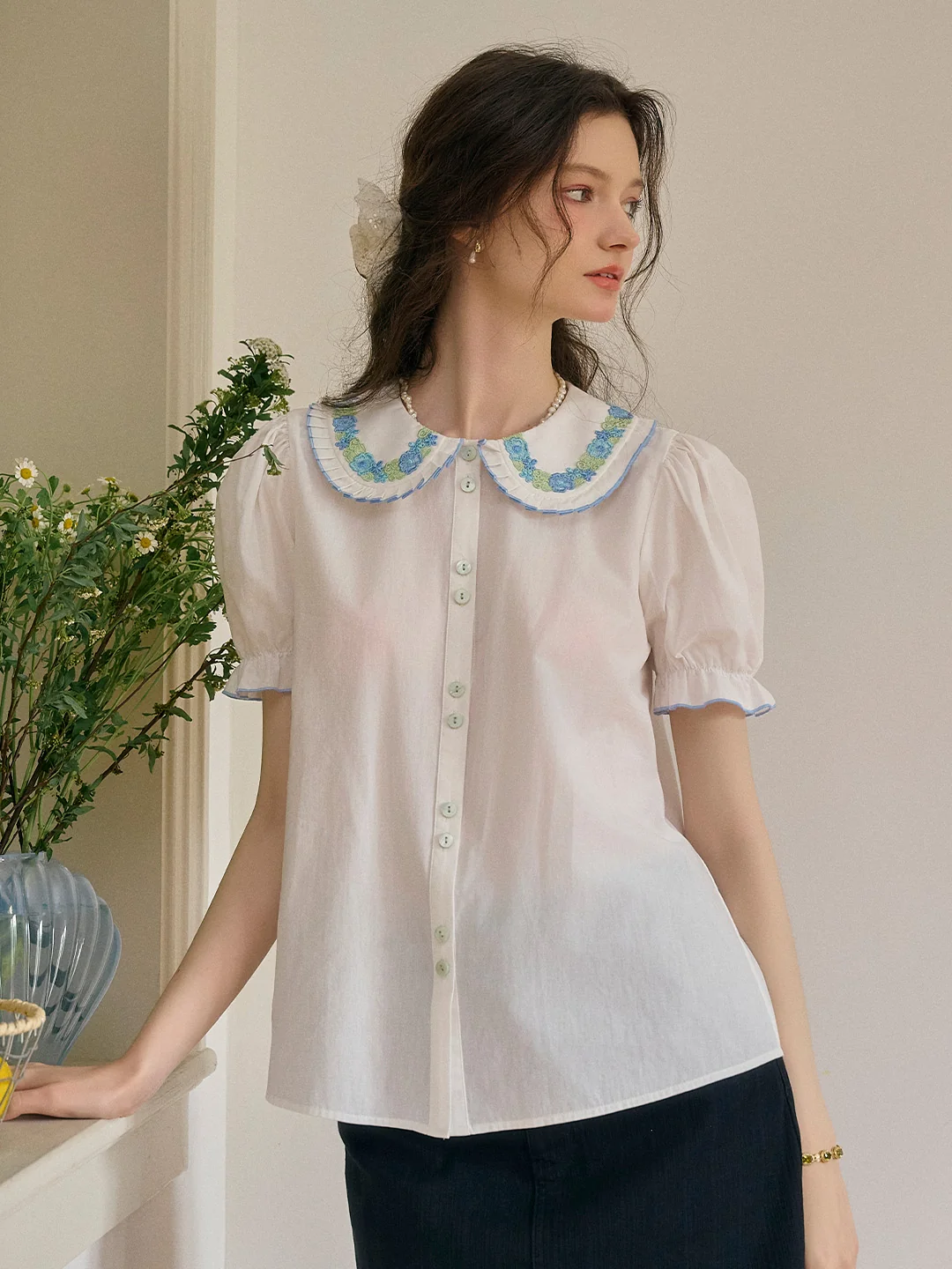 【Final Sale】Olivia Peter Pan Collar Embroidery 100% Cotton Blouse