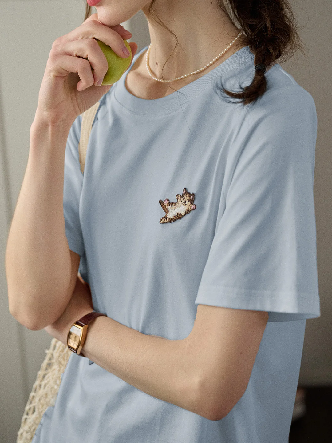 【Final Sale】Kitty Round Neck Embroidered 100% Cotton T-shirt