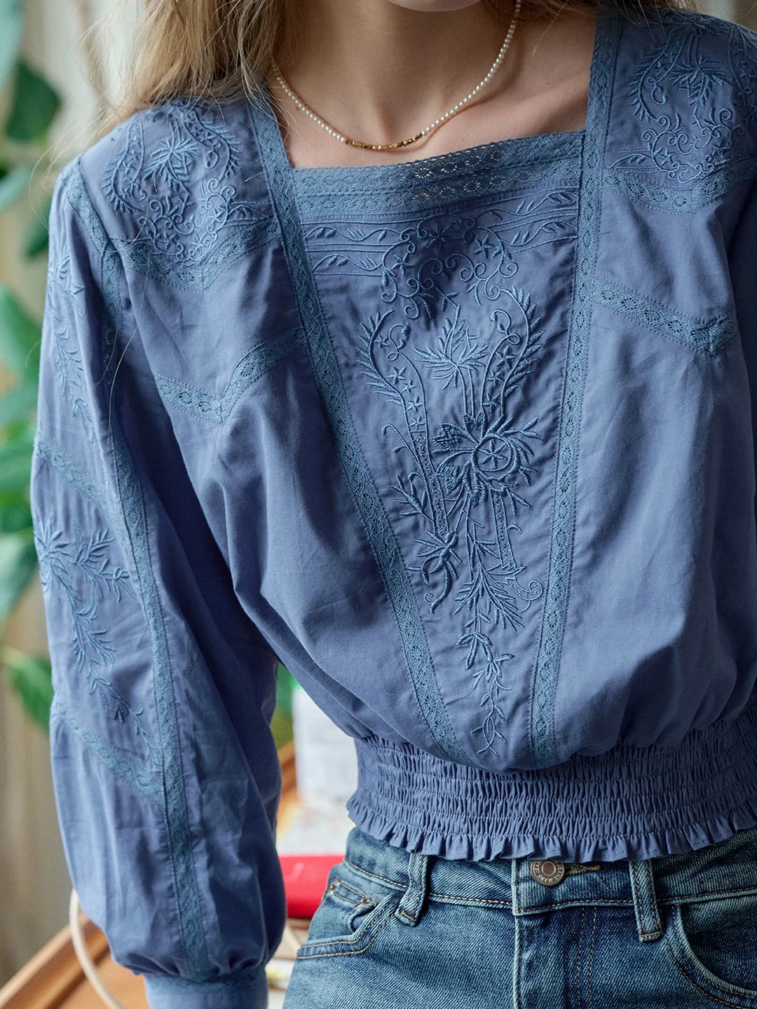 Oakley Square Neck Embroidery 100% Cotton Blouse