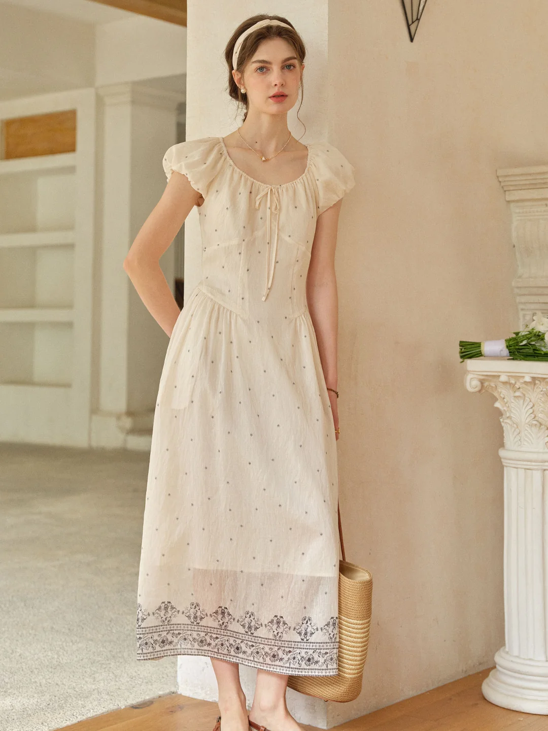 Gabriella Round Neck Printed Linen Dress