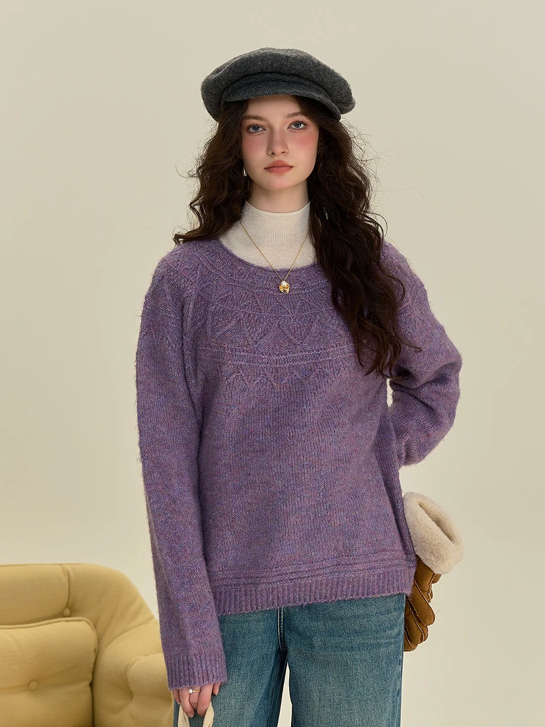Aspyn Classic Round Neck Knitted Wool Sweater - Dark Red