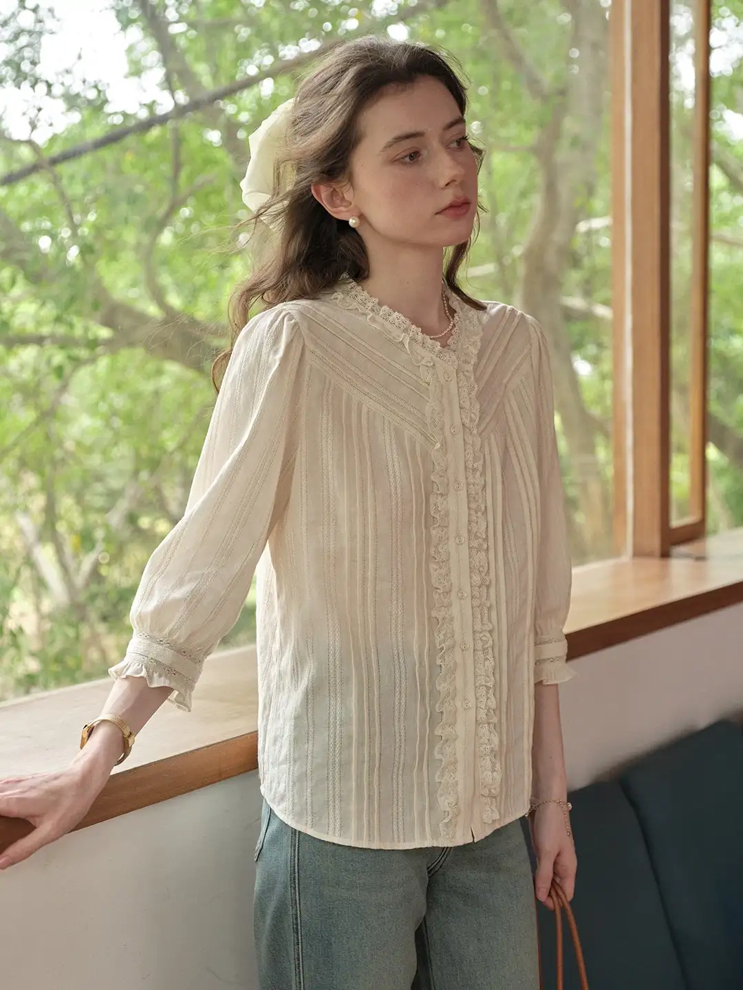 Emiliana Lace Neck 100%Cotton Blouse