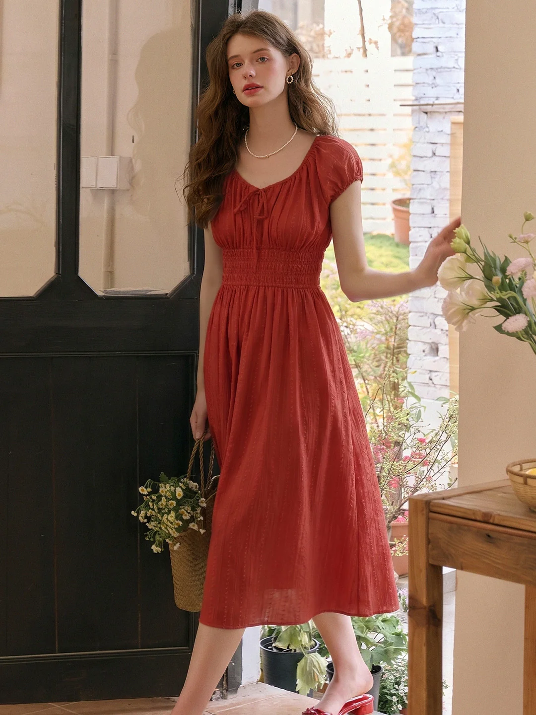 Sapphire Round Neck Waist Cotton Dress