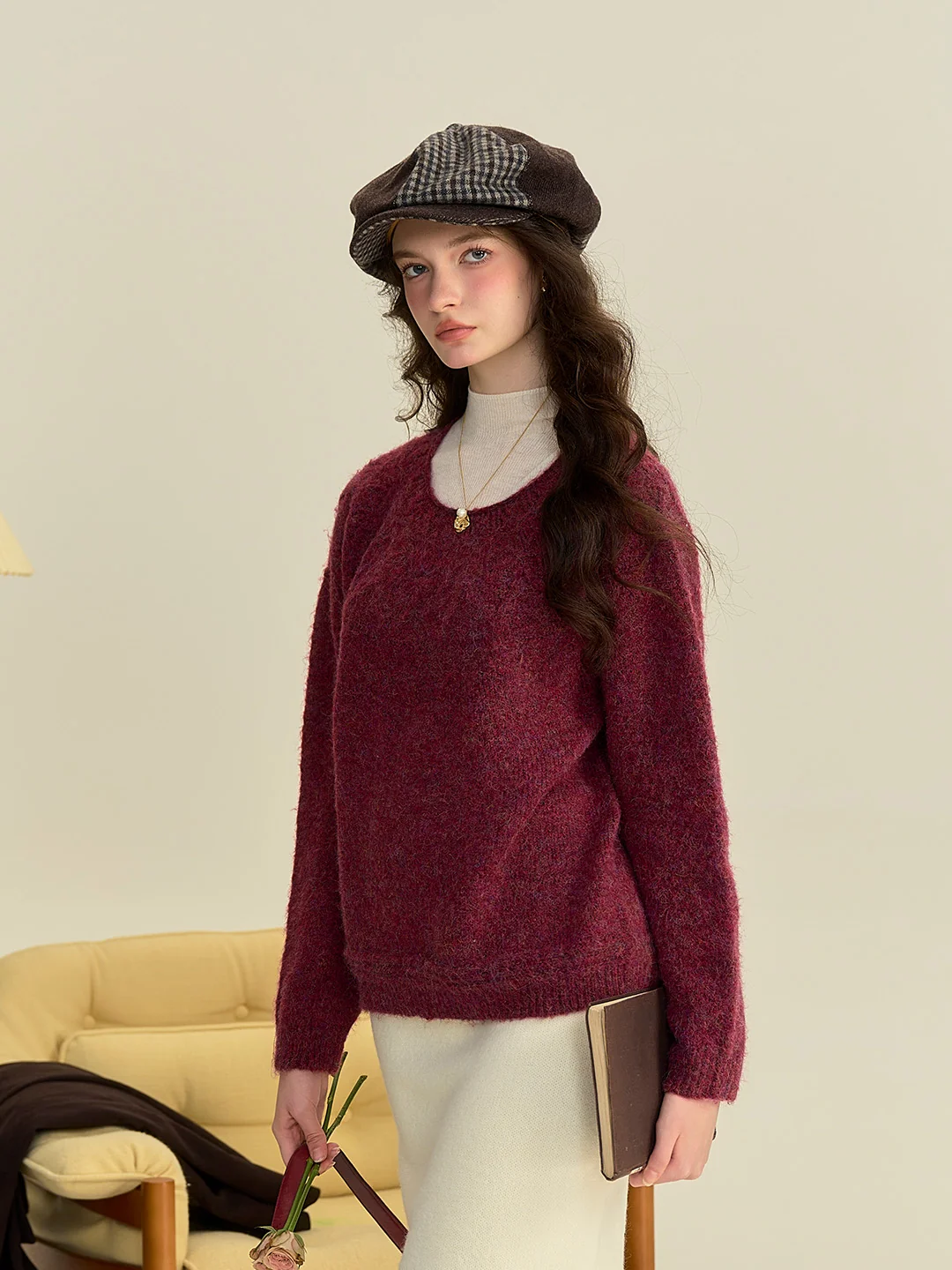 Aspyn Classic Round Neck Knitted Wool Sweater - Dark Red
