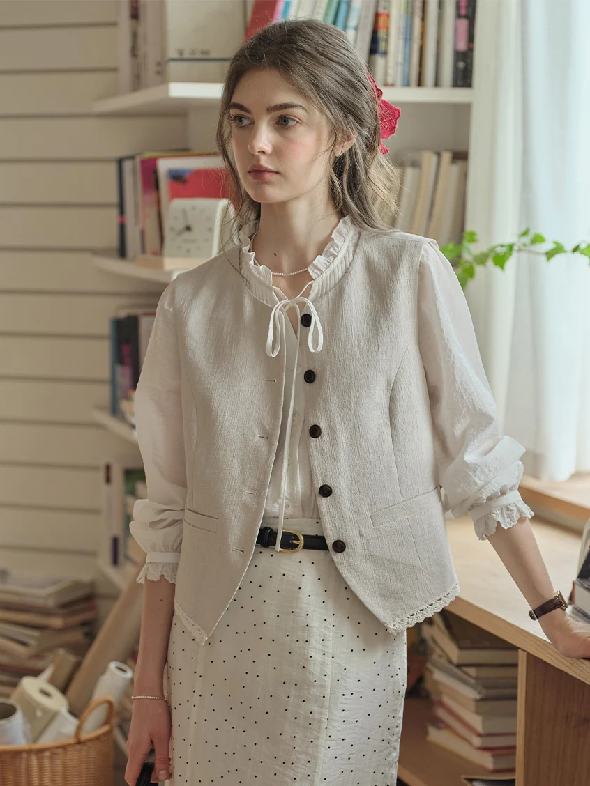 Cassia Pleated Ruffle Collar Lyocell Lace Blouse