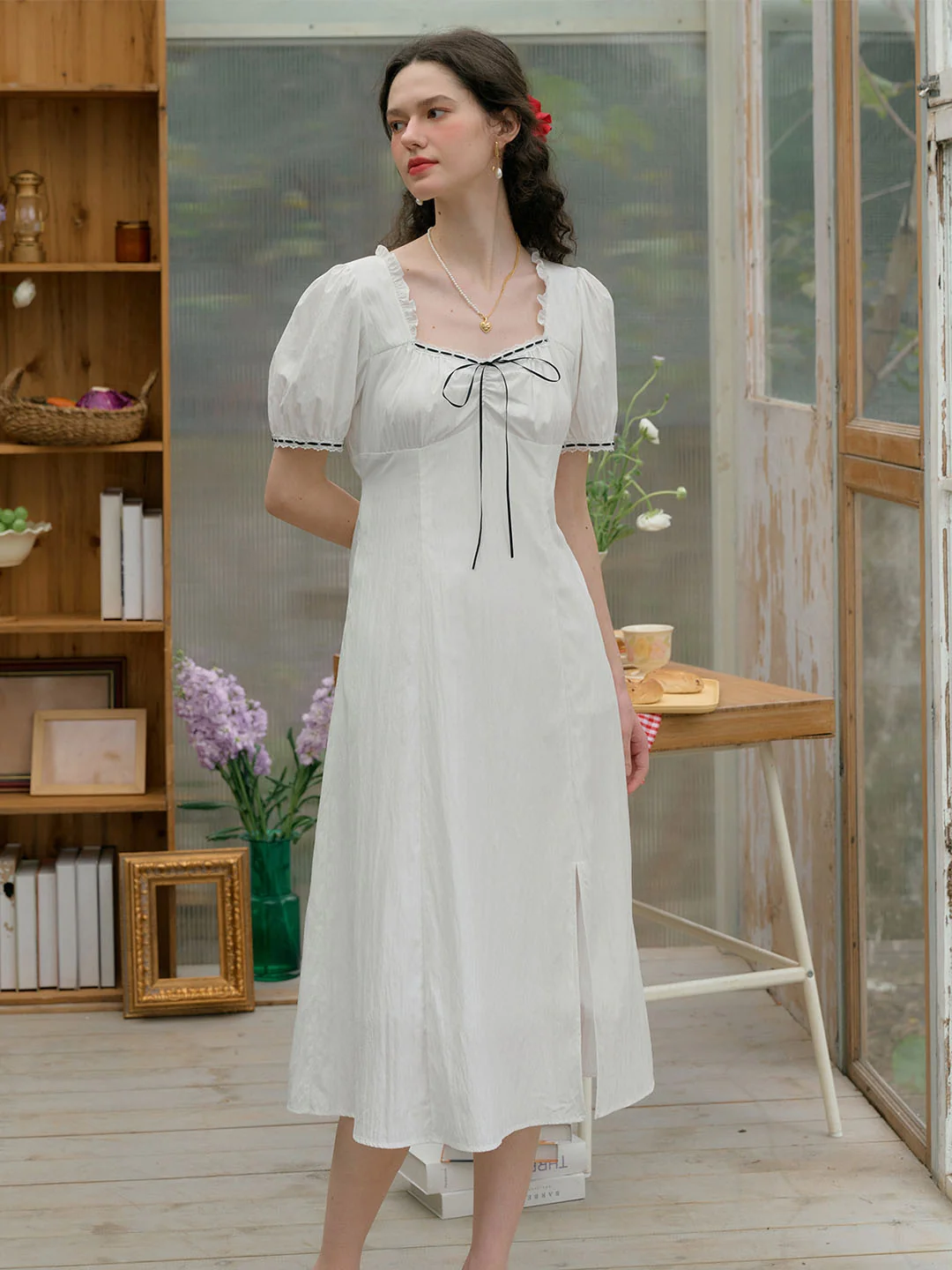 Edith Square Neck Contrast Bow Puff Sleeves Slit Hem Dress