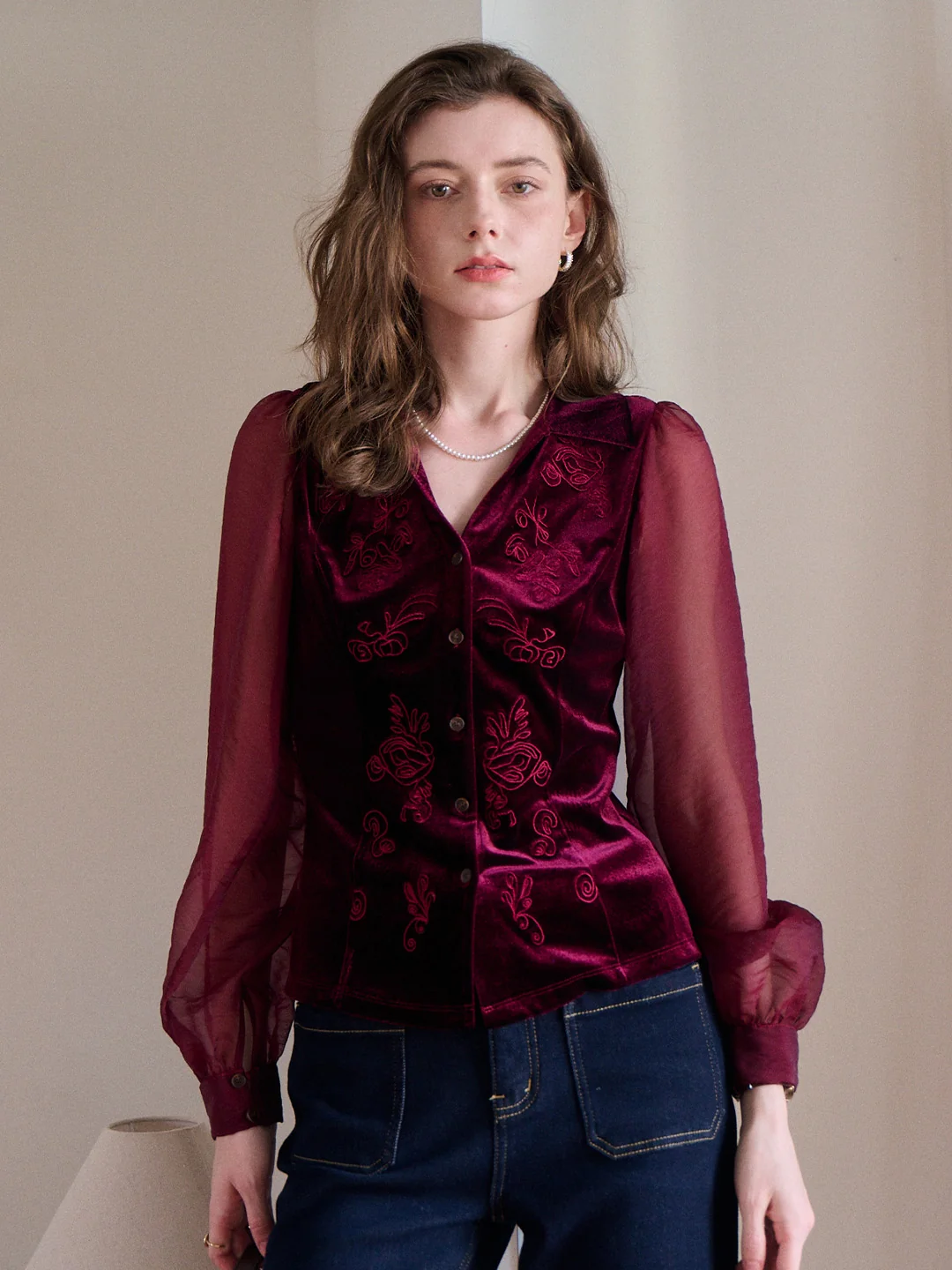 Sevyn V-Neck Velvet Blouse
