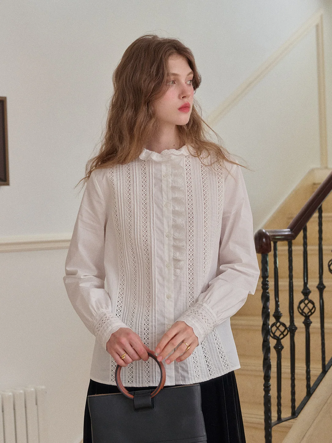 Journi Ruffle Collar Hollow 100% Cotton Blouse